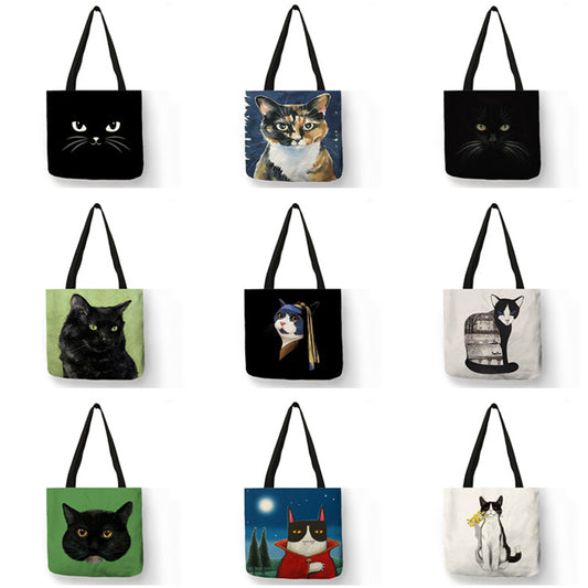 Sac à bandoulière imprimé chat noir, peinture animalière