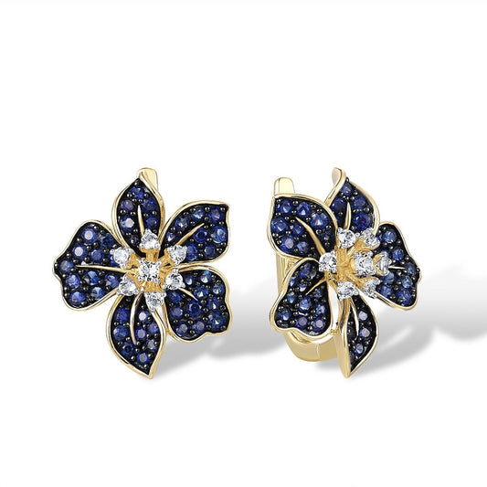 Pendientes de oro amarillo 375 de 9 quilates con zafiro brillante, topacio blanco y flor de lirio azul