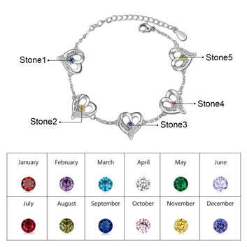 Pulsera personalizada con múltiples corazones y piedras de nacimiento, con grabado de nombres (del 1 al 5)