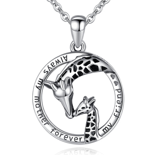 Pendentif girafe animal en argent sterling 925 Collier mère girafe et son petit