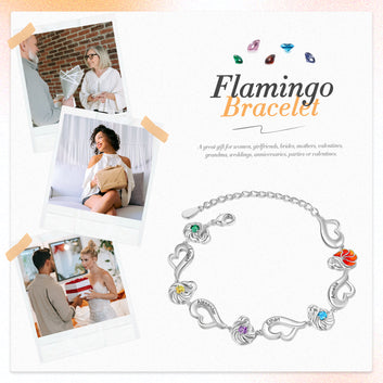 Pulsera personalizada con nombre grabado y piedra de nacimiento con decoración de flamenco