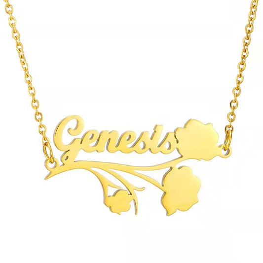 Custom Name Necklace Stainless Steel Simple Fashion Personalized Name With Rose Flower Pendant Necklace