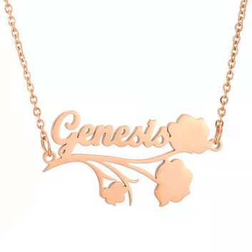 Custom Name Necklace Stainless Steel Simple Fashion Personalized Name With Rose Flower Pendant Necklace