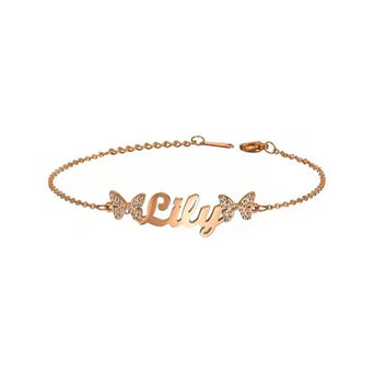 Pulsera de acero inoxidable con nombre personalizado, mariposas y letras brillantes