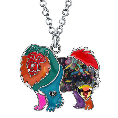Rhinestone Crystal Enamel Alloy Floral Chow Chow Dogs Necklace