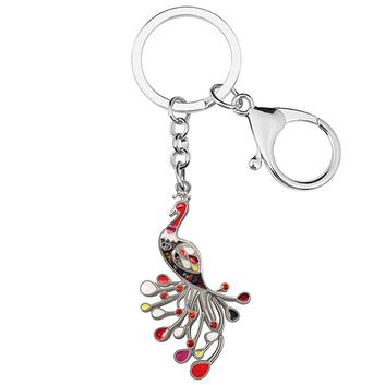 Porte-clés élégant en alliage émaillé avec queue florale et oiseau paon