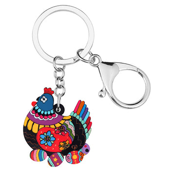 Porte-clés en acrylique avec motif floral, poule, œufs de poule