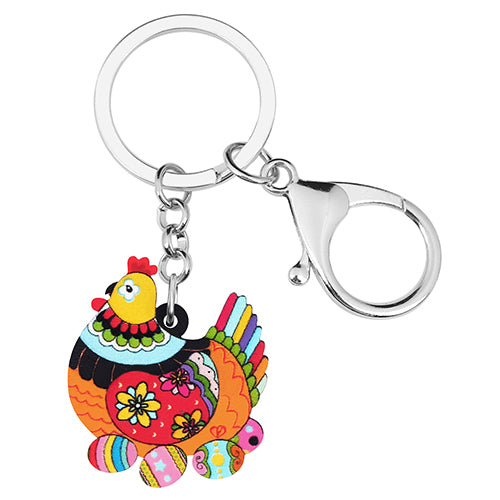 Porte-clés en acrylique avec motif floral, poule, œufs de poule