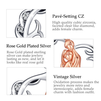 Collier avec pendentif en forme de cœur pur en argent 925 et or rose mère et fille