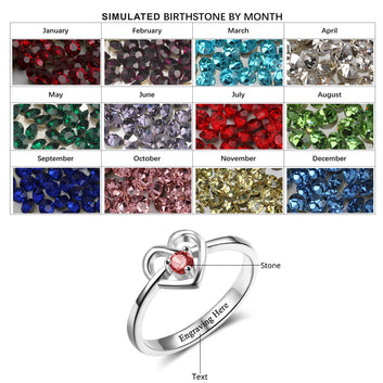 Anillo personalizado con piedra de nacimiento grabada y nombre en forma de corazón