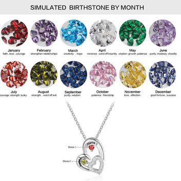 Collar personalizado de plata de ley 925 con dos piedras de nacimiento y colgantes con piedras de nacimiento grabadas en forma de corazón.