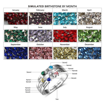 Anillo de plata de ley 925 con grabado personalizado de nombres familiares y 6 piedras de nacimiento