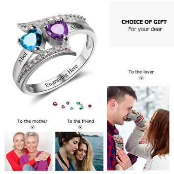 Anillo de corazón de plata de ley 925 con nombre grabado y piedra de nacimiento personalizada