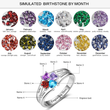 Anillo personalizado de plata de ley 925 con 4 piedras de nacimiento y 4 nombres grabados