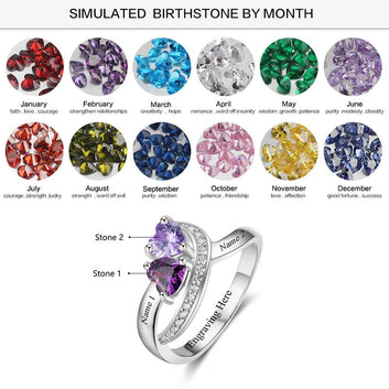 Anillo de plata de ley 925 con piedra de nacimiento de corazón personalizada y grabado personalizado de 2 nombres