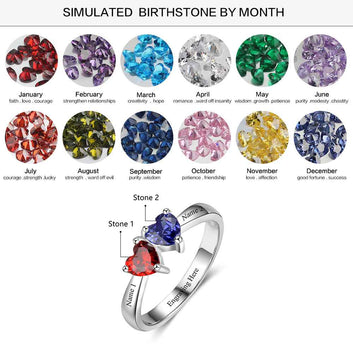 Anillo de promesa personalizado con doble corazón y nombre grabado con piedra de nacimiento