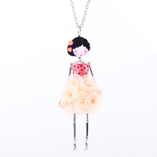 Collar de muñeca francesa de París con vestido de flores, cadena larga, colgante de muñeca de aleación, joyería de moda