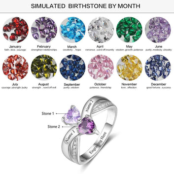 Anillo de plata de ley 925 con corazón personalizado y piedra de nacimiento grabada con dos nombres