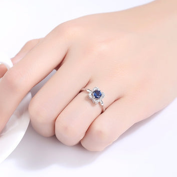 Classic Created Blue Sapphire Solitaire Flower Gemstone Ring
