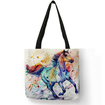 Sac à main en lin écologique avec peinture artistique de cheval arc-en-ciel