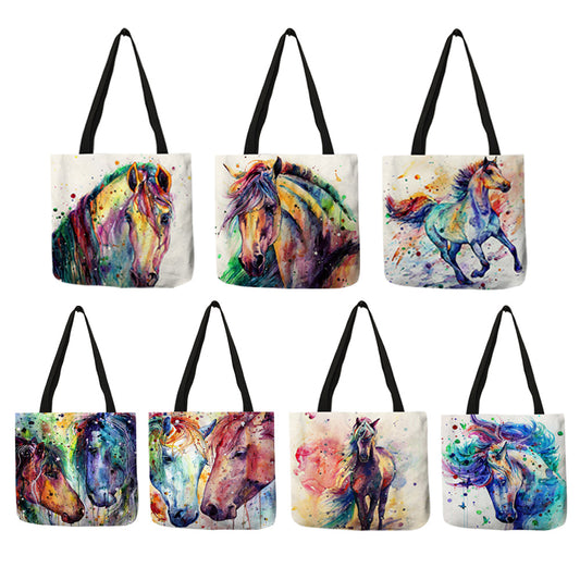 Sac à main en lin écologique avec peinture artistique de cheval arc-en-ciel