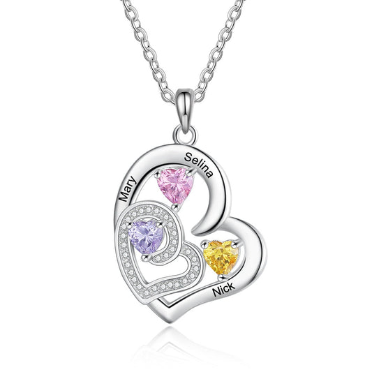 Collar romántico con nombre personalizado grabado para mujer. Collar con colgante de corazón personalizado y 3 piedras de nacimiento.