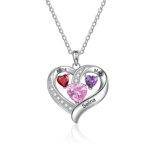 Collar romántico personalizado con nombre grabado en forma de corazón para mujer, collar personalizado con 3 piedras de nacimiento