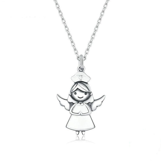 Collar de ángel de la guarda con esmalte blanco en plata de ley 925